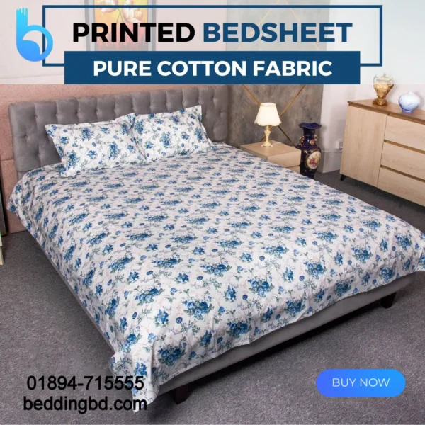 Blue Flower White Printed Bedsheet