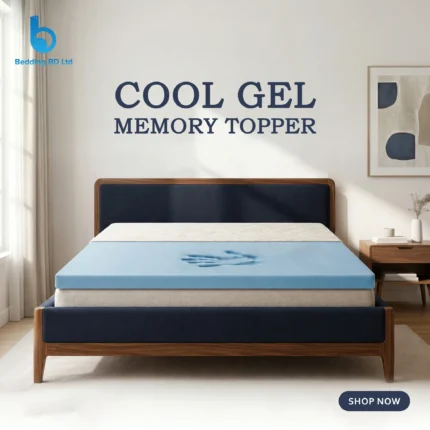 A blue cool gel memory topper being unrolled on a bed.